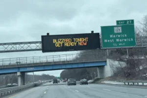 A sign on Interstate 95 warning of blizzard conditions on Feb. 22, 2026.