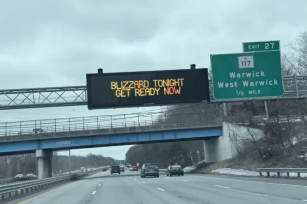 A sign on Interstate 95 warning of blizzard conditions on Feb. 22, 2026.