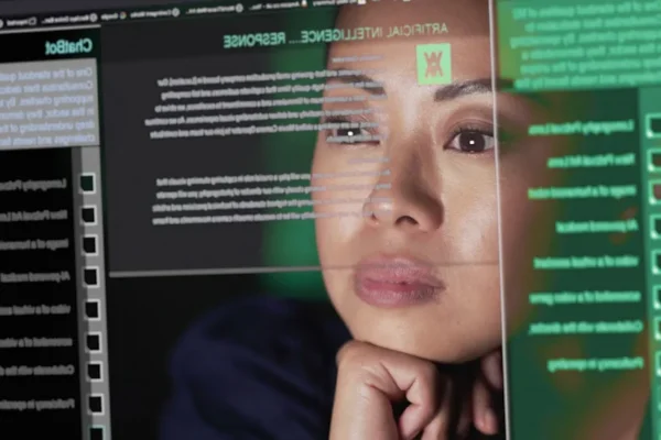 Software engineer looking at lines of code.