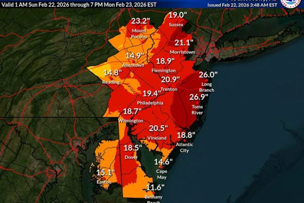 NWS Mount Holly forecast for Delaware, New Jersey and eastern Pennsylvania on Feb. 22, 2026.