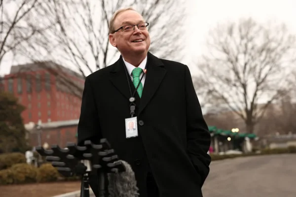 White House economic adviser Kevin Hassett speaks to the media at the White House in Washington, D.C., U.S., February 18, 2026.  REUTERS/Kevin Lamarque