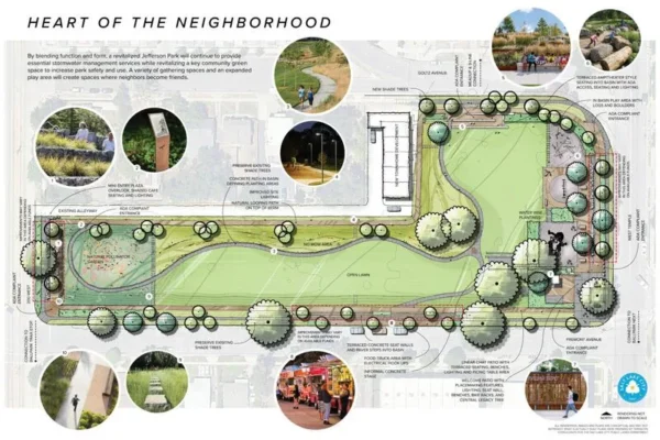 This shows the "Heart of the Neighborhood" concept that Salt Lake City is considered for Jefferson Park. | Salt Lake City Public Lands