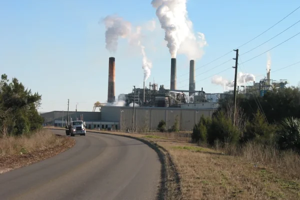 An empty log truck drives away from the Buckeye Florida pulp mill near Perry in this file photo. The mill grinds pine trees to produce cellulose that is used in products including food thickeners and automotive filters. The Foley Cellulose mill in Perry, Florida, announced on Sept. 18, 2023, that Georgia-Pacific plans to permanently close the plant.