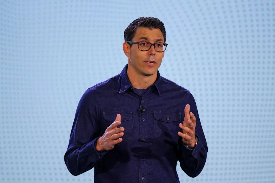 Rivian CEO RJ Scaringe speaks at the company's first Autonomy and AI Day, showcasing developments in self-driving technology, in Palo Alto, Calif., on Dec. 11, 2025. (Reuters/Carlos Barria)