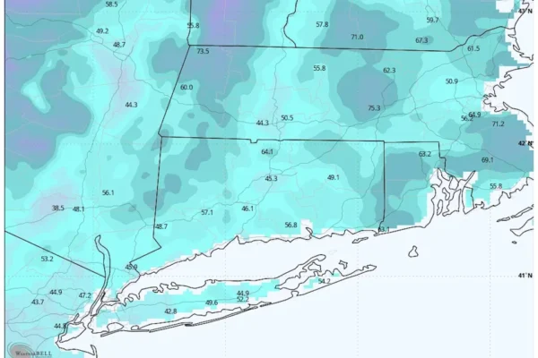 Data from the National Operational Hydrologic Remote Sensing Center (NOHRSC) shows that much of Connecticut has picked up between 45 and 65 inches of snowfall this season. (WeatherBELL)