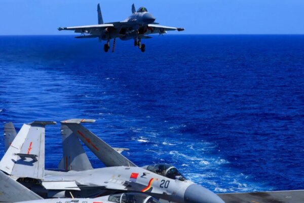 A carrier-based J-15 fighter jet prepares to land on the Chinese navy's Liaoning aircraft-carrier