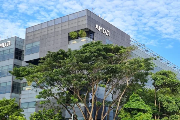 AMD headquarters with logo on the building.