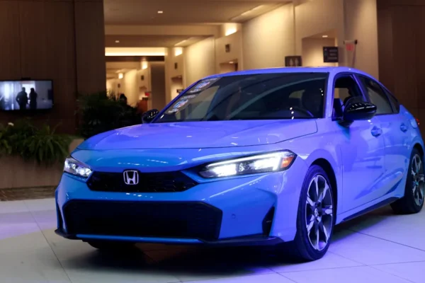 A Honda Civic Hybrid is seen on display after winning the 2025 North American Car of the Year award during media day at the 2025 Detroit Auto Show at Huntington Place in Detroit on Jan. 10, 2025. (Reuters/Rebecca Cook)