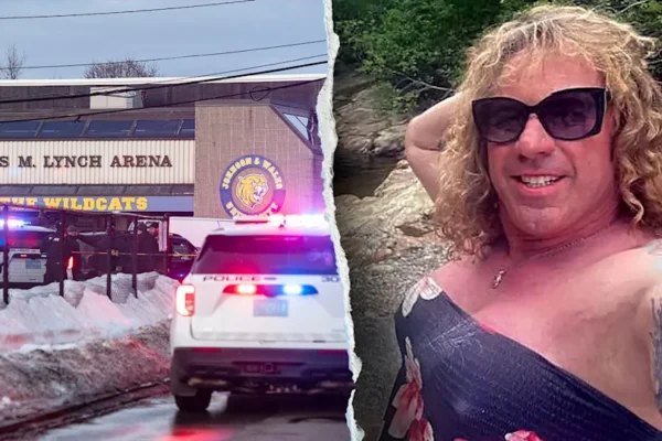 Split image of police vehicles outside Dennis M. Lynch Arena in Rhode Island and Robert Dorgan, identified as the shooting suspect.