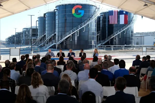 Texas Governor Greg Abbott and Alphabet CEO Sundar Pichai lead a panel at the Google Midlothian Data Center in Midlothian, Texas. Google plans to invest $40 billion in new Texas data centers through 2027.