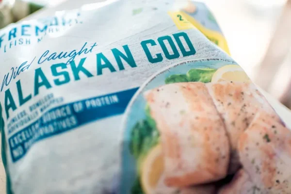 Plastic bag of Fremont Fish Market Wild Caught Alaskan Cod from Aldi