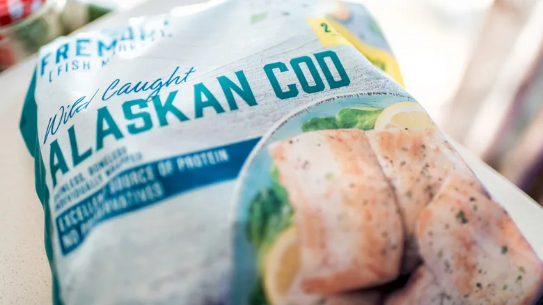 Plastic bag of Fremont Fish Market Wild Caught Alaskan Cod from Aldi