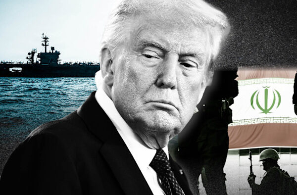 A montage of US President Donald Trump in the foreground, with the USS Abraham Lincoln and members of Iran’s police special forces monitoring an area in front of an Iranian flag during a pro-government rally in downtown Tehran, Iran, on January 12 2026, in the background.