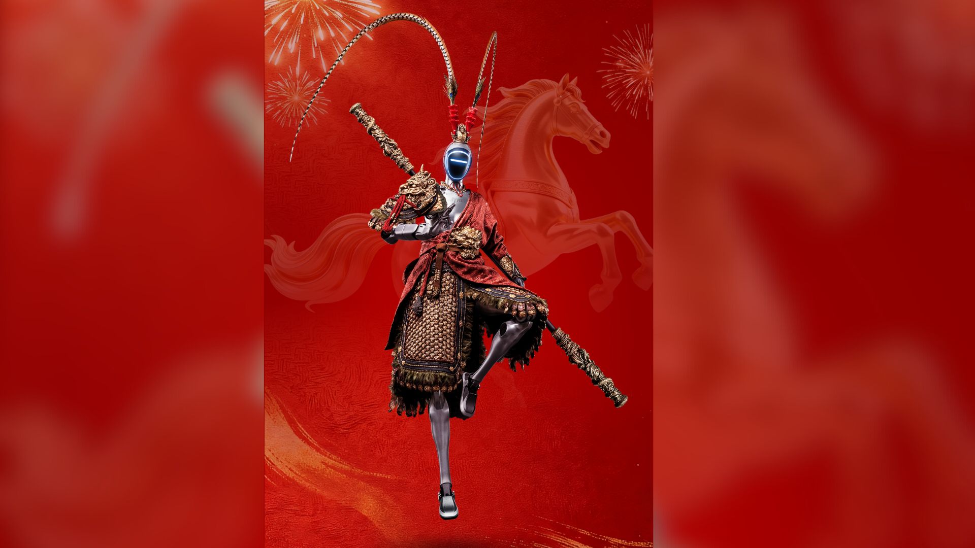 An illustration of a humanoid figure with a robotic mask holding a long metal pole stands in front of a red background with a transparent horse cartoon on it.