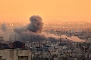 A plume of smoke rises following a US-Israeli military strike in Tehran, Iran. (AP)