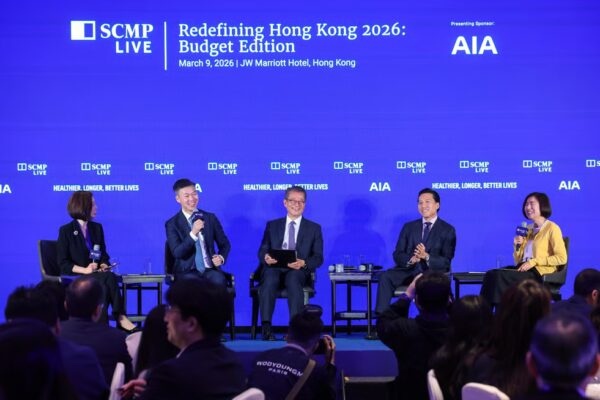 (Left to right) SCMP deputy Hong Kong editor Olga Wong, CEO of AIA Hong Kong & Macau Alger Fung, finance chief Paul Chan, Hong Kong McKinsey managing partner Arthur Shek and SCMP news editor Denise Tsang. Photo: Dickson Lee