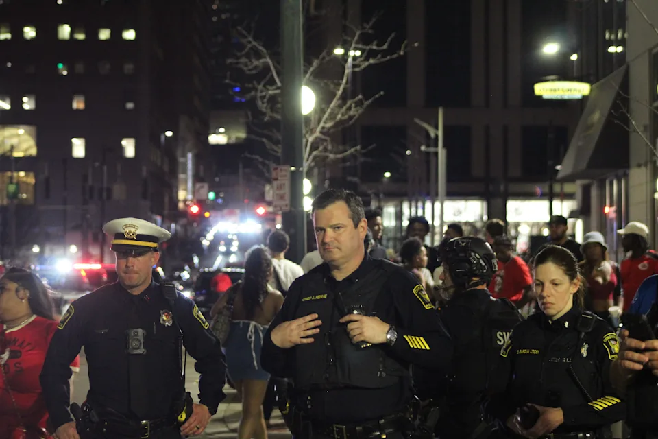 Interim Cincinnati Police Chief Adam Hennie standing at The Banks during a large police response on March 26, 2026.