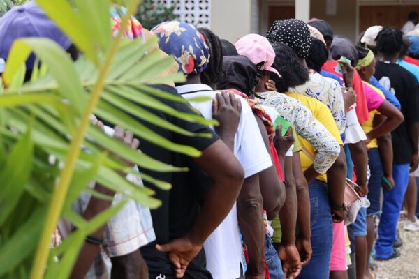 A long line of people wait outdoors in Haiti for cash distribution as part of a World Food Programme (WFP) 'cash for work' program, with green tropical plants in the foreground.