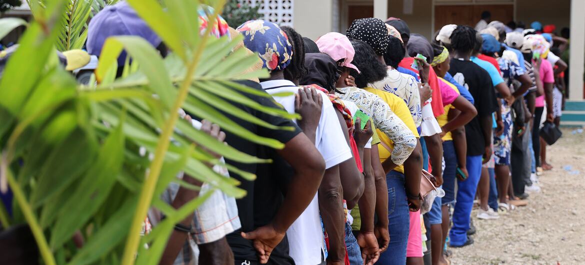 A long line of people wait outdoors in Haiti for cash distribution as part of a World Food Programme (WFP) 'cash for work' program, with green tropical plants in the foreground.