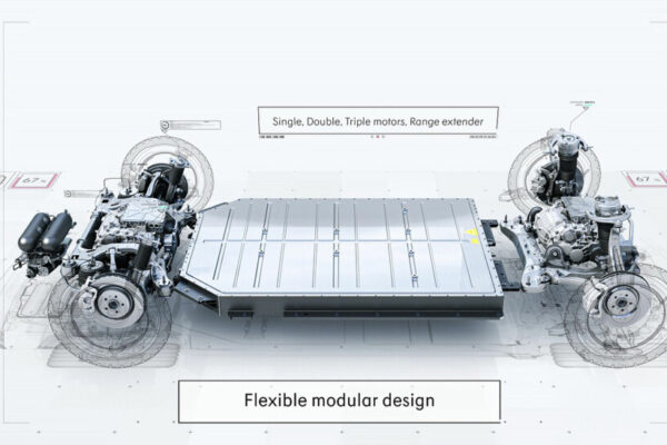 Illustration of an electric vehicle chassis with battery pack and modular axle assemblies.