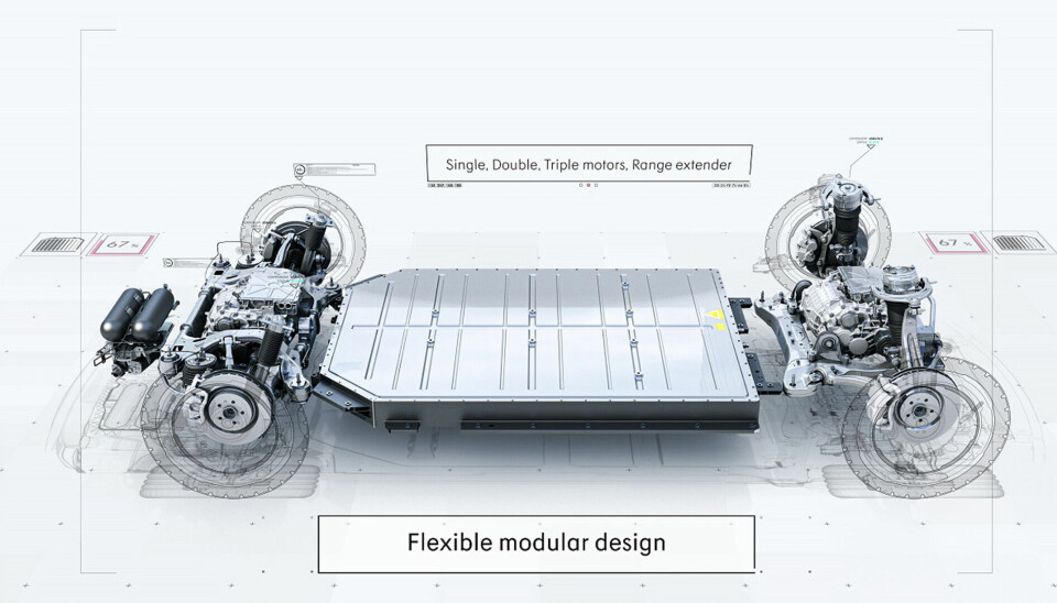 Illustration of an electric vehicle chassis with battery pack and modular axle assemblies.