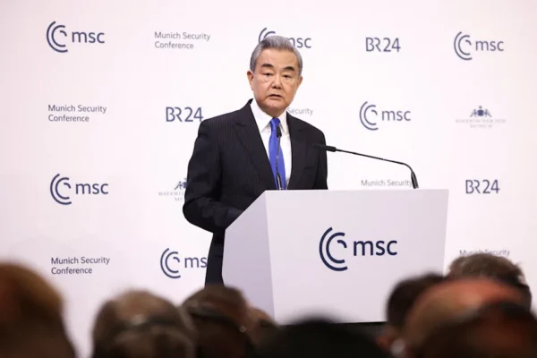 China's Foreign Minister Wang Yi speaks during the Munich Security Conference (MSC) in Munich, Germany, February 14, 2026.