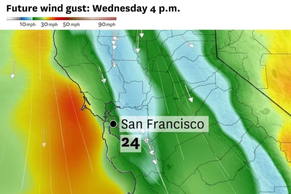 Northwest winds Wednesday are predicted to gust up to 35 mph before turning northeasterly Thursday and Friday. (Baron/Lynx)