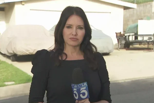 Black bear walking through a Monrovia neighborhood near a wildlife trap while KTLA reporter Erin Myers reports live nearby during coverage of a bear encounter involving a woman and her dog.