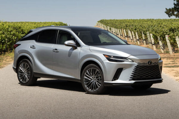 Lexus RX hybrid parked on a road cutting a vineyard, front 3/4 view, silver exterior