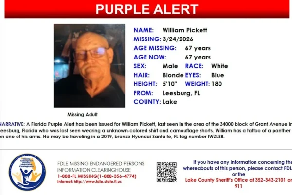 A Florida Purple Alert has been issued for William Pickett, last seen in Leesburg.