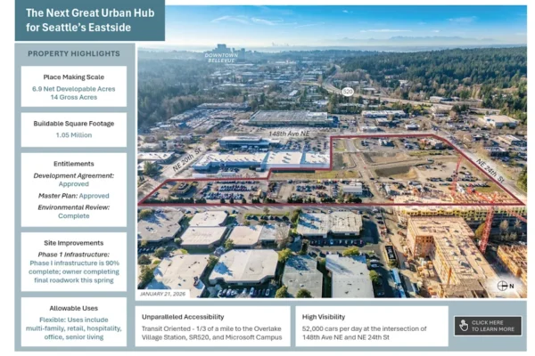A page from the marketing material for Overlake Seritage site in Redmond touts its potential for residential and retail.