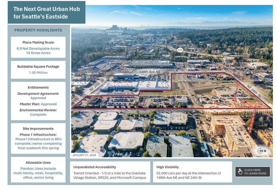 A page from the marketing material for Overlake Seritage site in Redmond touts its potential for residential and retail.
