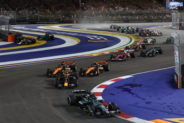 McLaren drivers Lando Norris and Oscar Piastri hot on the heels of Red Bull’s Max Verstappen as he chases race leader George Russell during the Singapore Grand Prix on October 5, 2025. Photo: Reuters