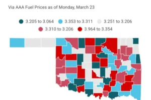 County average gas prices in Oklahoma as of Monday, March 23