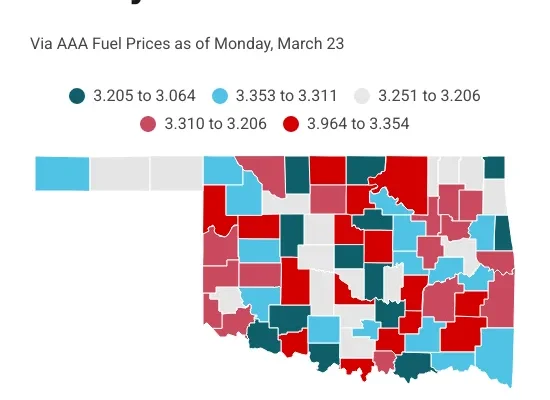 County average gas prices in Oklahoma as of Monday, March 23