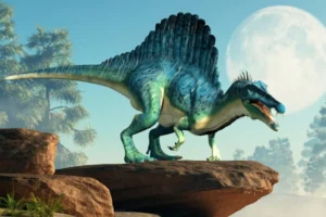 Illustration of Spinosaurus on a cliff in front of a full moon