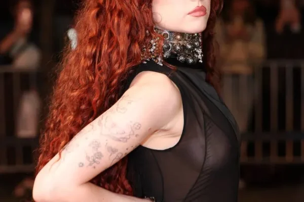 Person with long curly hair in a sheer, body-hugging dress with ornate jewelry on a red carpet, posing confidently