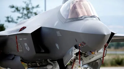 FILE: An F35 fighter jet from the Vermont Air National Guard's 134th fighter squadron, which are for the first time part of NATO's security policy, stands parked at Skopje Airport, North Macedonia. (REUTERS)