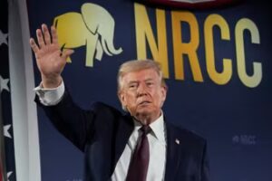 US President Donald Trump gestures during the National Republican Congressional Committee (NRCC) annual fundraising dinner in Washington DC. (Reuters)