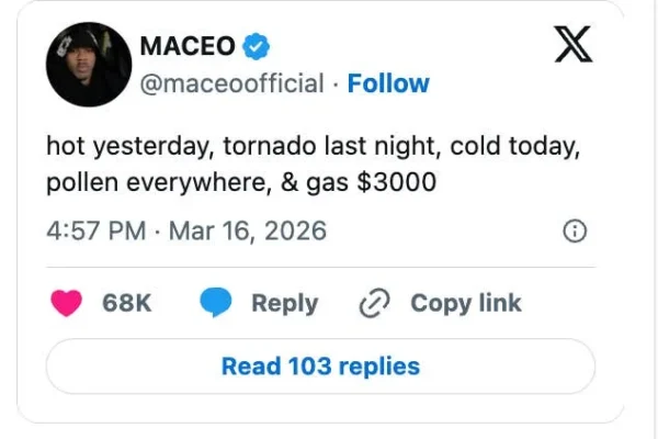 Tweet by Maceo reads: "hot yesterday, tornado last night, cold today, pollen everywhere, & gas $3000" with interactions below