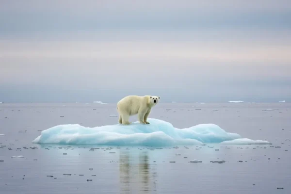 A lone polar bear stands on a small ice floe in the Arctic Ocean. The image evokes themes of climate change and wildlife conservation. A powerful symbol of environmental fragility.