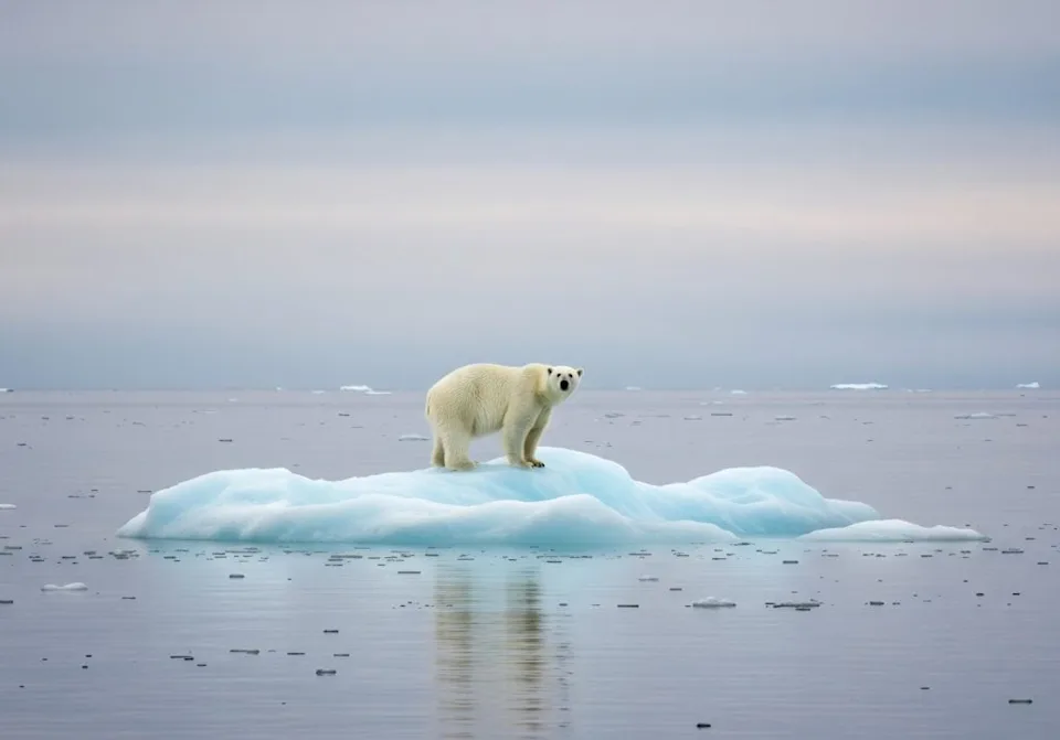 A lone polar bear stands on a small ice floe in the Arctic Ocean. The image evokes themes of climate change and wildlife conservation. A powerful symbol of environmental fragility.