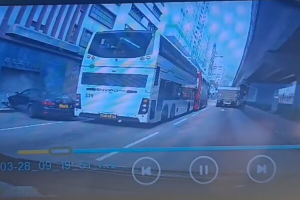 Dashcam footage online shows the car on Pui To Road hitting a bus that had stopped at the traffic light. Photo: Handout