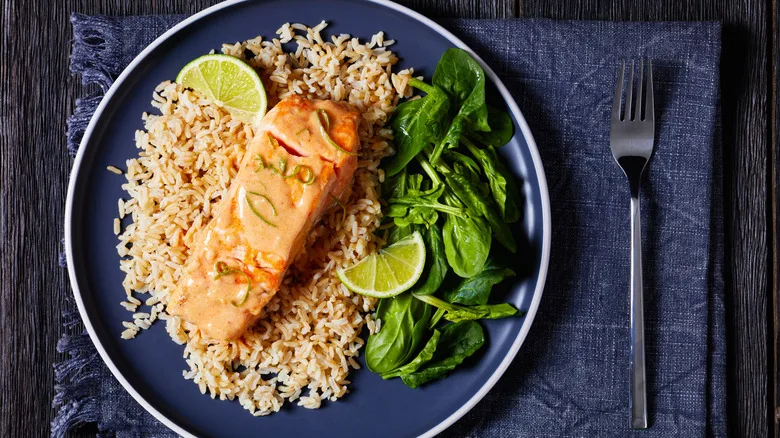 Salmon on brown rice with greens