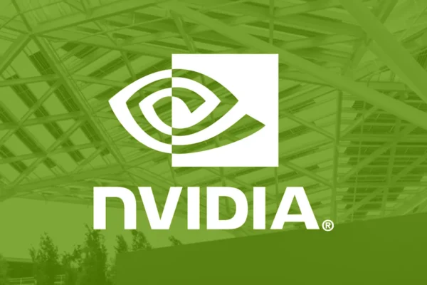 The Nvidia logo over a shadowy green background.