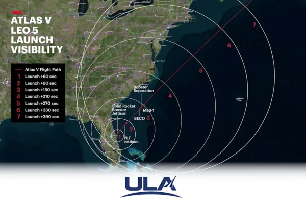ULA launch of Atlas V, the fifth Amazon Leo constellation mission: Liftoff is planned at 3:53 a.m. EDT Sunday, March 29, 2026, from Cape Canaveral, Florida. The predawn launch will be visible from Florida to New England, if weather conditions in your area permit. This visibility map shows when and where your best chances are to see the rocket as it streaks northeasterly into space.
