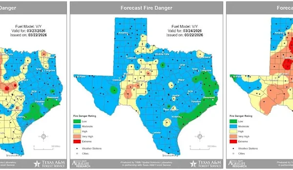 Fire risk peaked on Monday, state data shows, as crews in Bastrop County fight a 40-acre wildfire (Courtesy of Texas Weather Connection)