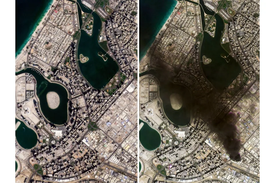 This combination of satellite images provided by Planet Labs PBC show Dubai, United Arab Emirates, on Tuesday, Feb. 24, 2026, left, and on Sunday, March 1, 2026, right (Planet Labs PBC)