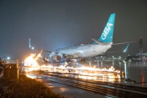The drill simulates an emergency in which a fire is ignited after the landing gear of the plane malfunctions. Photo: Handout