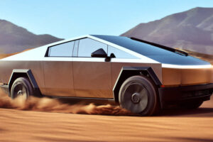 A silver Tesla Cybertruck driving through the desert.